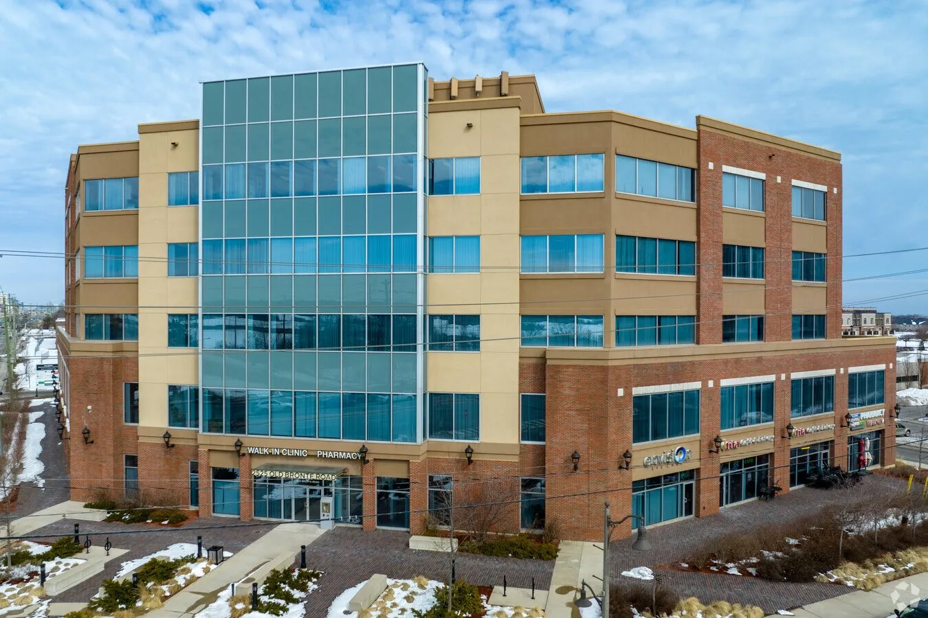 Modern multi-story office building in winter