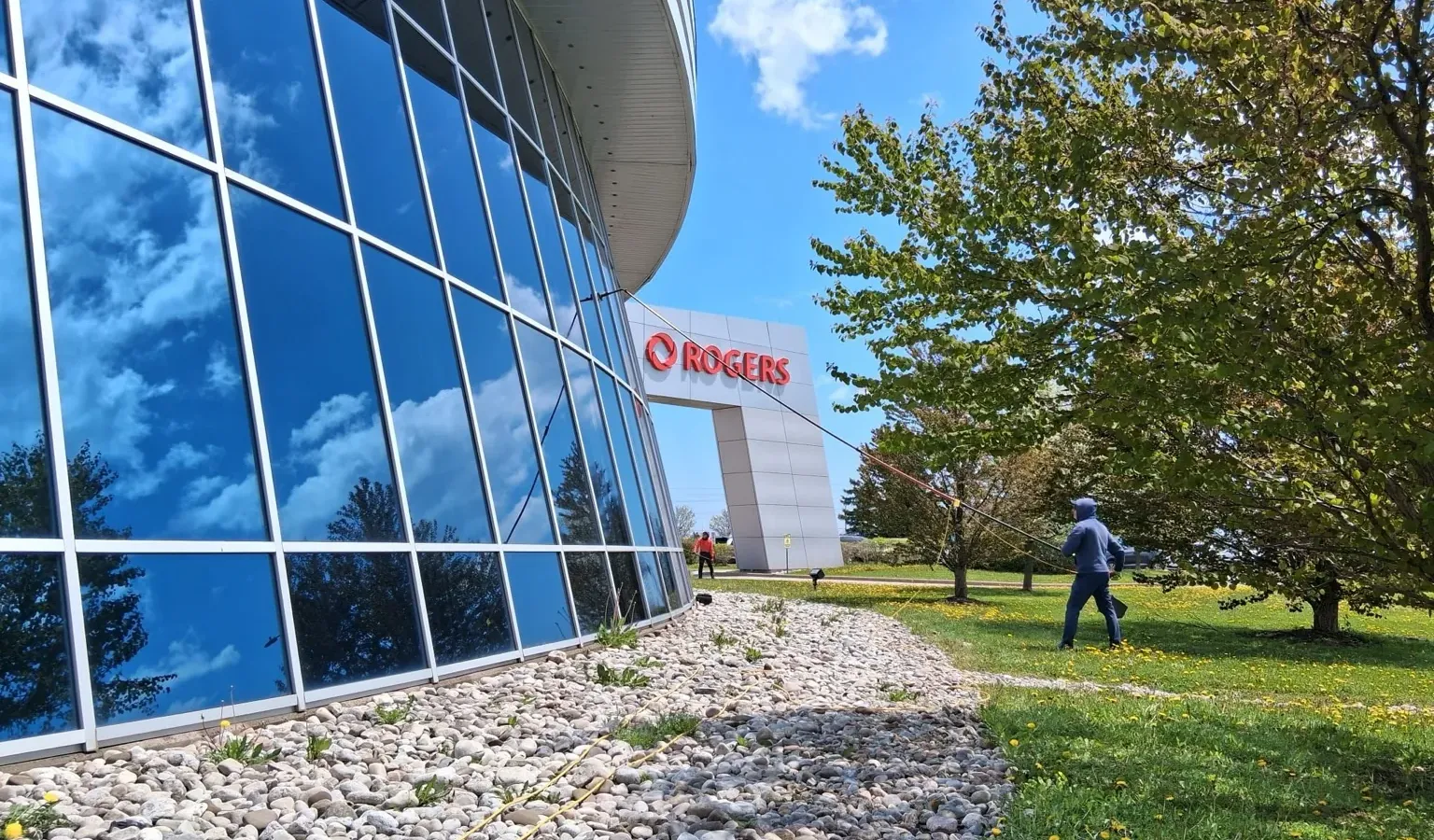 Water-fed pole exterior window cleaning service at Rogers Communications headquarters in the Greater Toronto Area