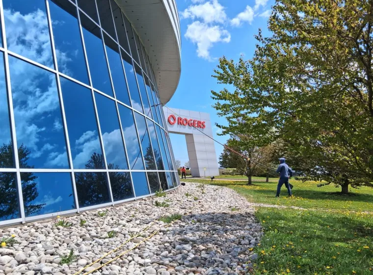 Water-fed pole exterior window cleaning service at Rogers Communications headquarters in the Greater Toronto Area