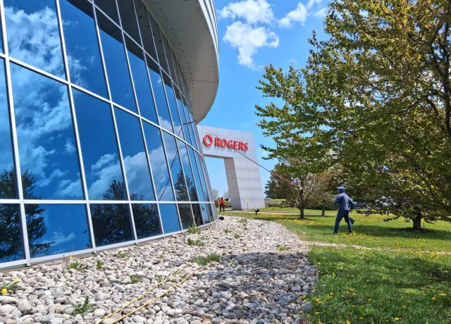 Water-fed pole exterior window cleaning service at Rogers Communications headquarters in the Greater Toronto Area