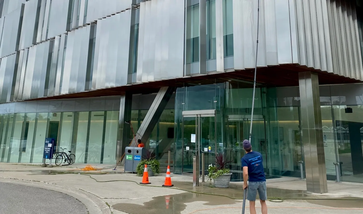 Our skilled Skypole Cleaning team member working on a metallic surface for a gleaming finish.