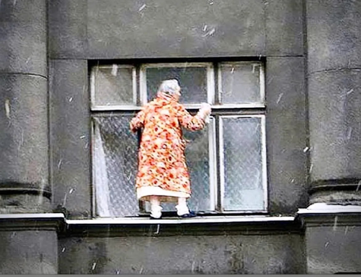Should I clean my own windows? A old lady in a very scary way cleaning a window.