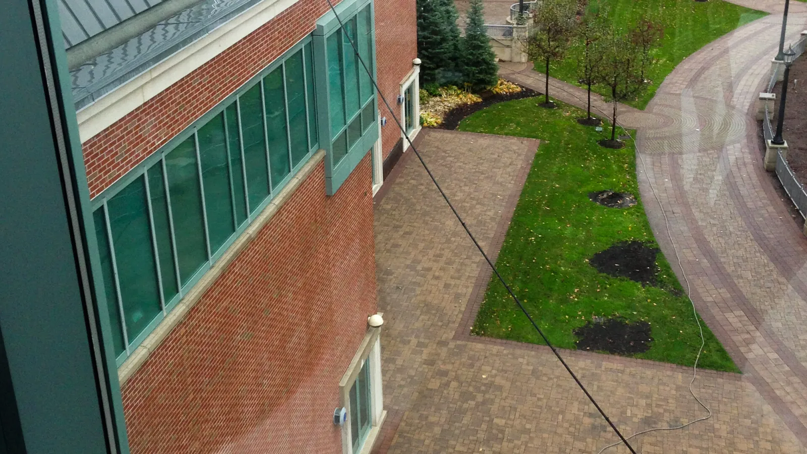 Aerial view of urban campus with walking path