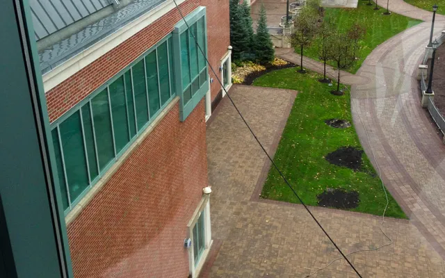 Aerial view of urban campus with walking path