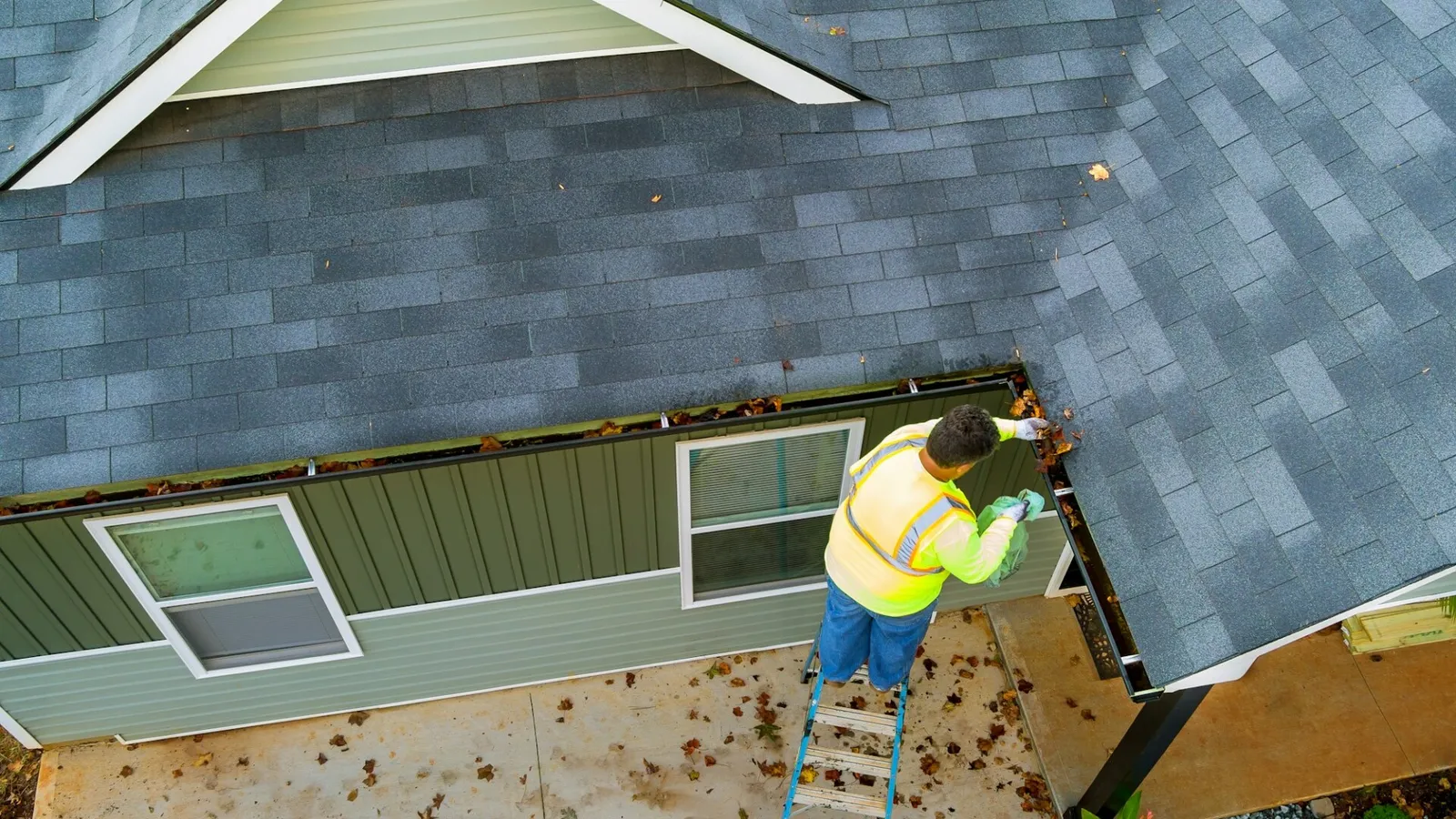 A worker is cleaning clogs in roof gutter drain by picking up dirt, debris, fallen leaves
