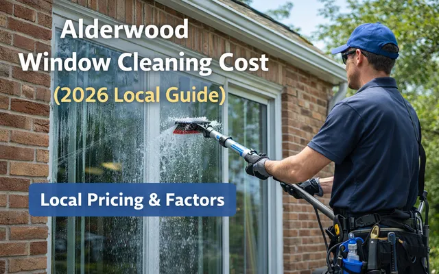 Picture of man cleaning windows in Alderwood, and this is a price guide for window cleaning.