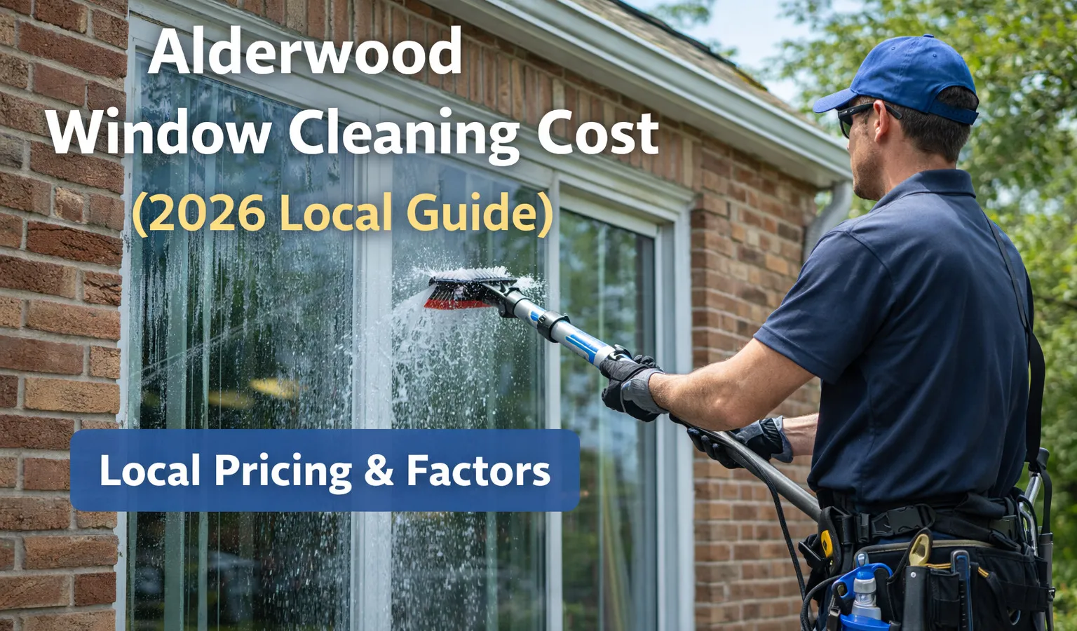 Picture of man cleaning windows in Alderwood, and this is a price guide for window cleaning.