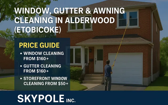 Worker cleaning house windows with extended pole in Alderwood, Etobicoke