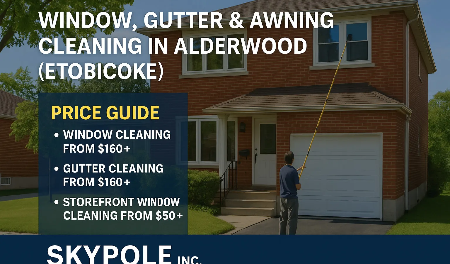 Worker cleaning house windows with extended pole in Alderwood, Etobicoke