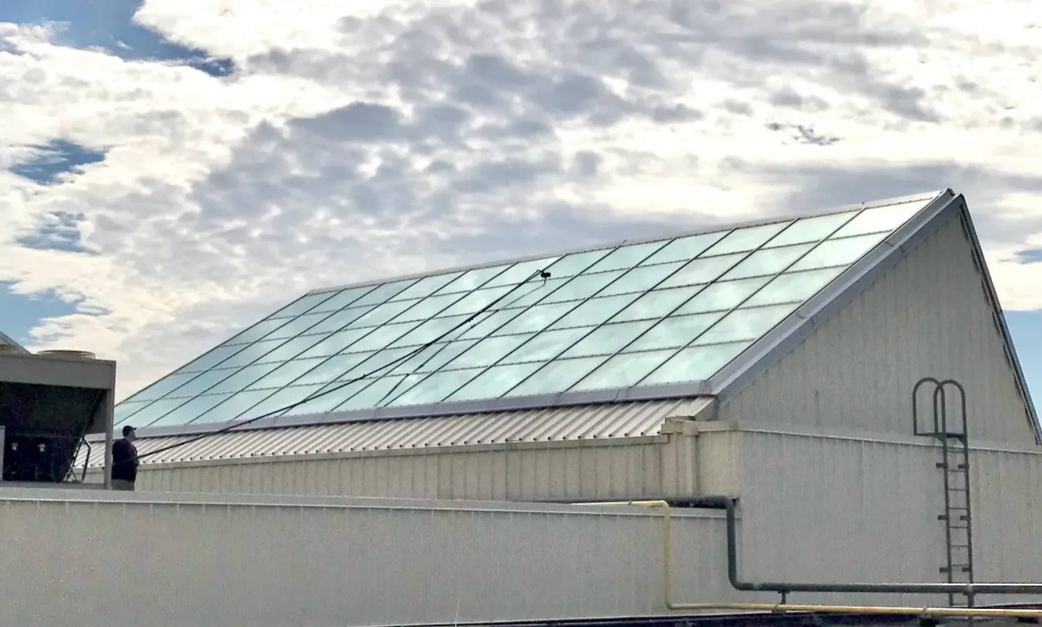 Person beside large glass rooftop under cloudy sky.