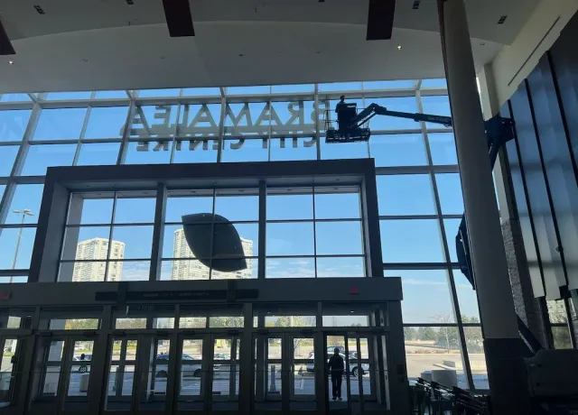 Boom lift window cleaning inside Bramalea City Centre atrium by SKYPOLE commercial window cleaning team.