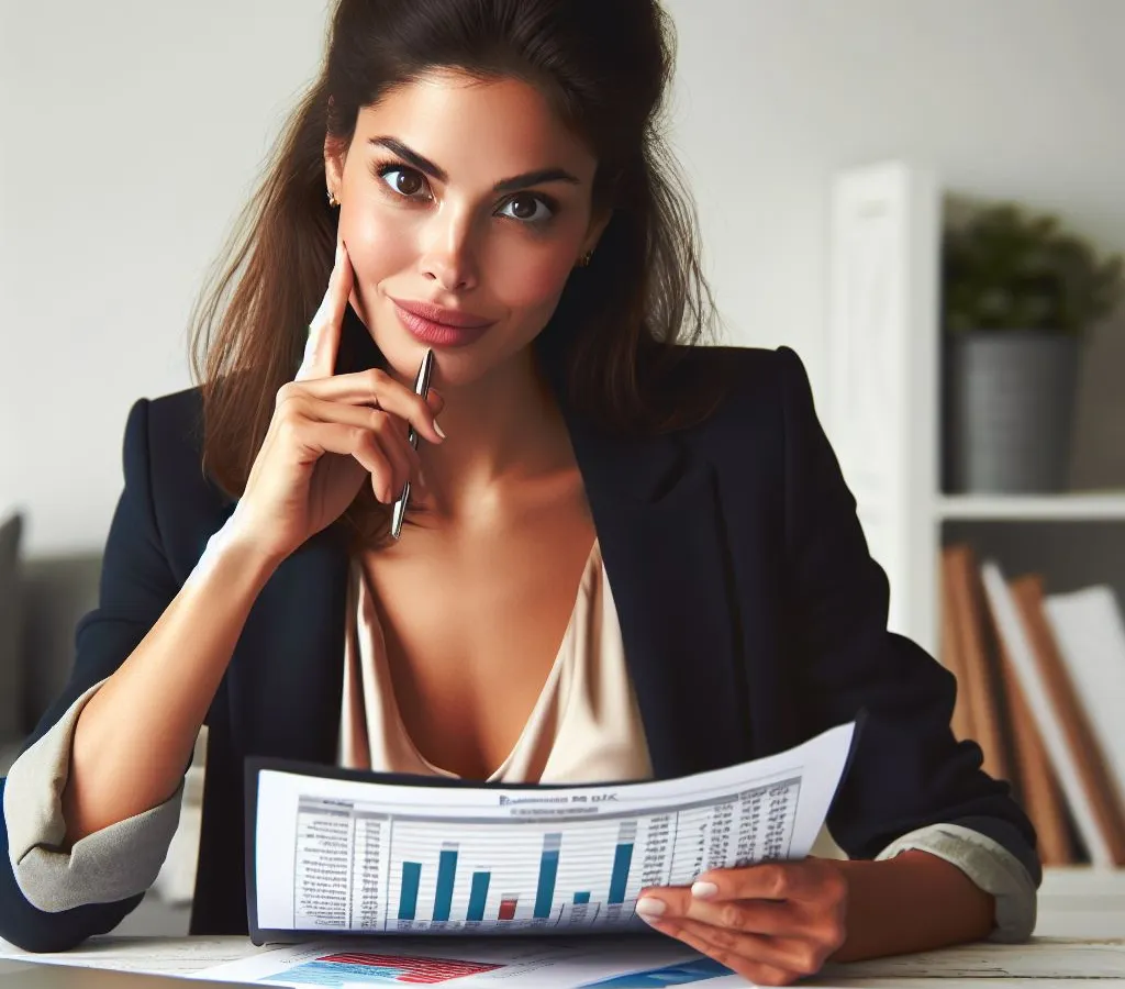 Professional woman reviewing financial charts at desk, looking a window cleaning budget