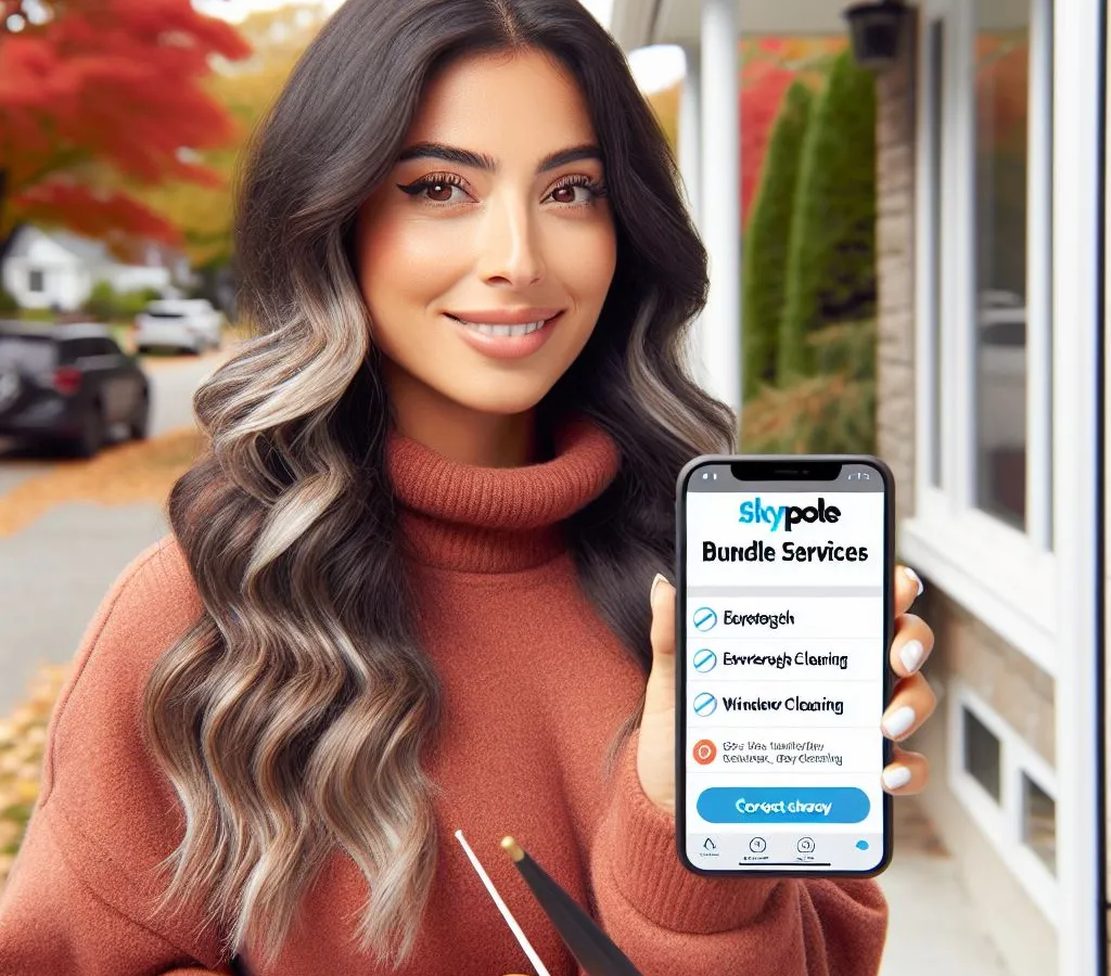 Woman showing home service options on phone app from Skypole