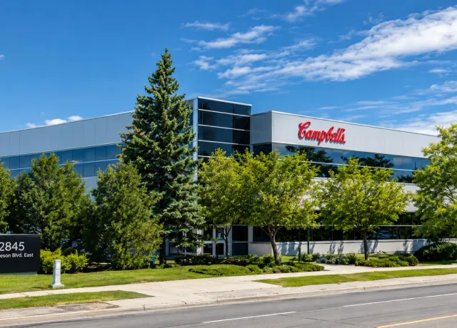 Commercial window cleaning at Campbell's Canada headquarters in Mississauga by SKYPOLE, showing a modern office building with spotless exterior glass.