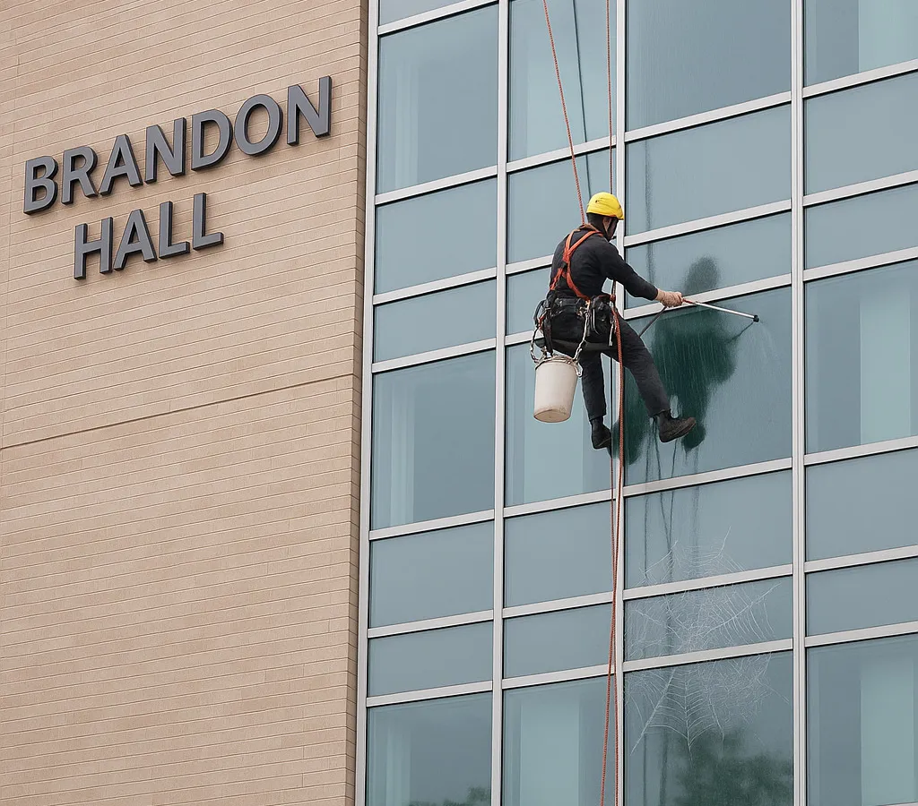 Worker cleaning windows on Brandon Hall building