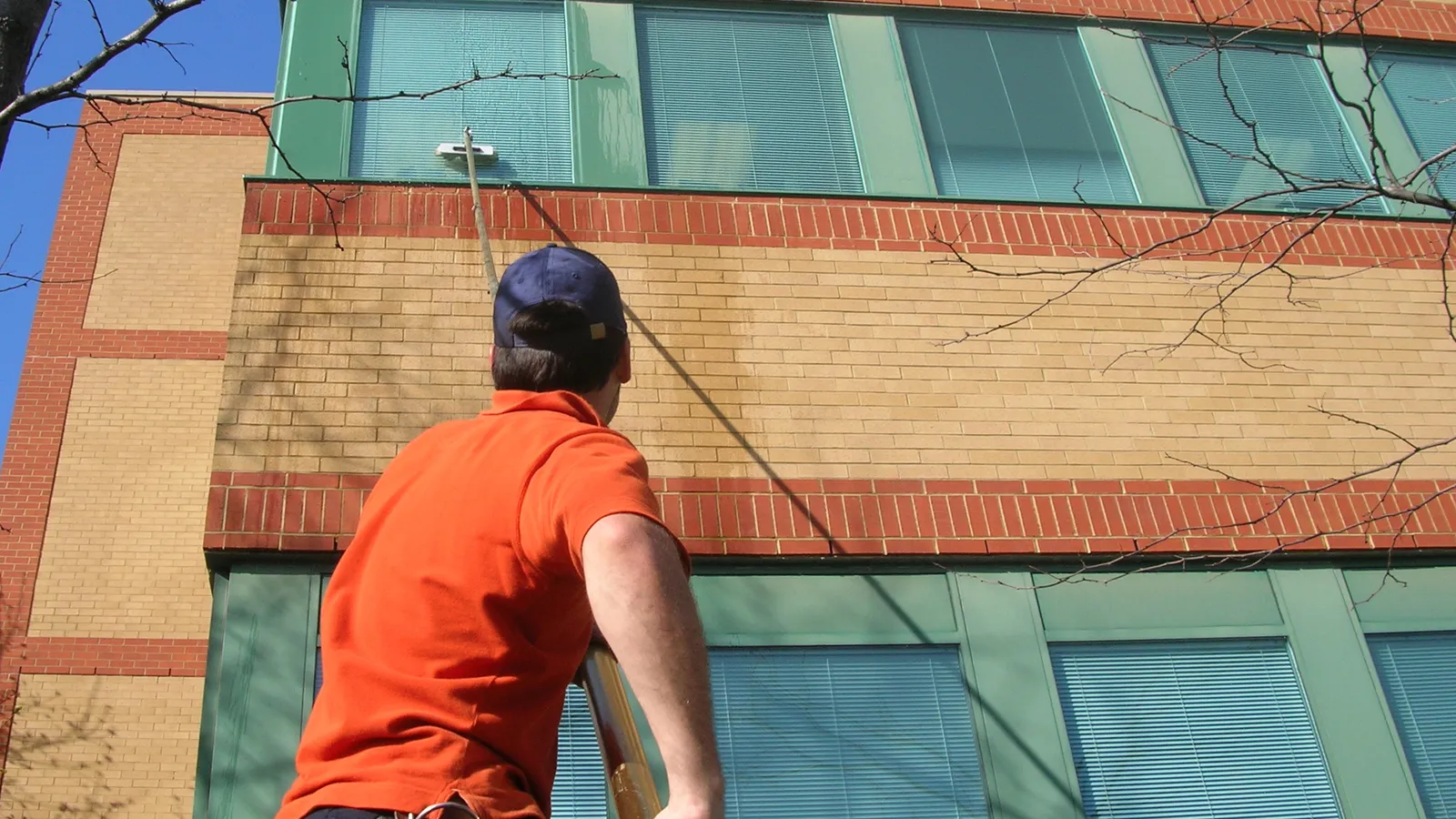 Man cleaning windows on tall building exterior