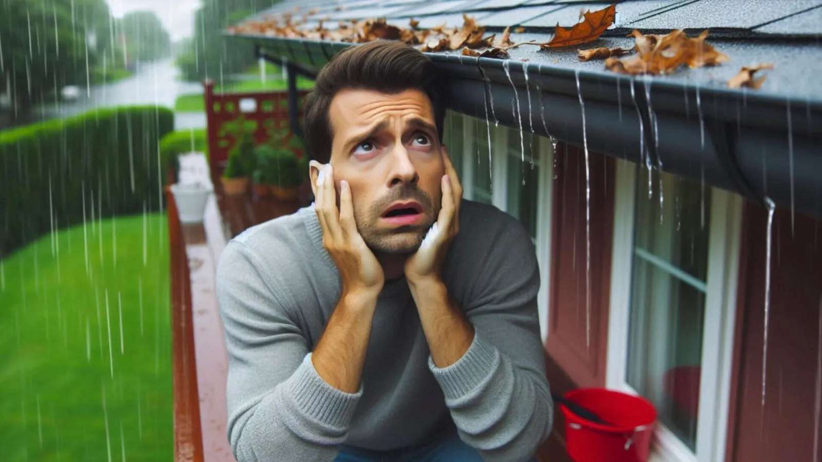 Man alarmed by overflowing gutter during rainstorm