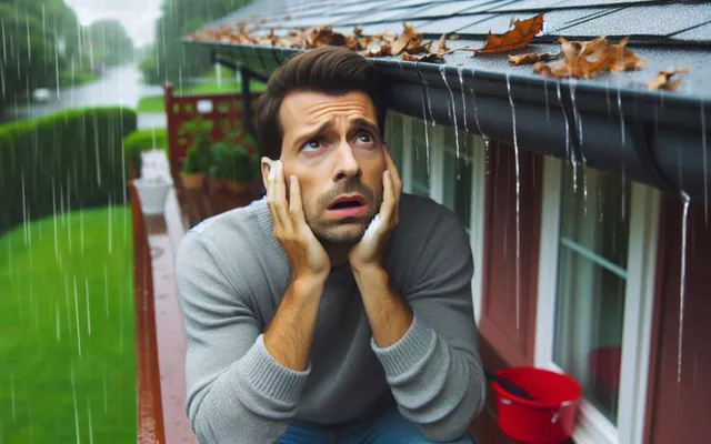 Man alarmed by overflowing gutter during rainstorm