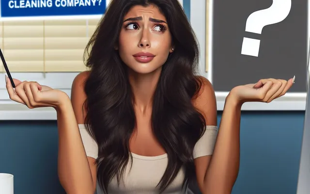 Confused woman at desk with computer and question mark