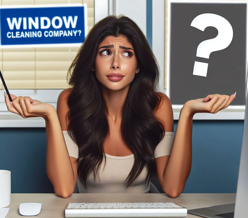 Confused woman at desk with computer and question mark