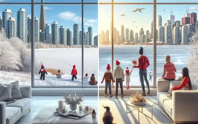 Family viewing winter cityscape through a panoramic window, after windows have been cleaned in the Winter