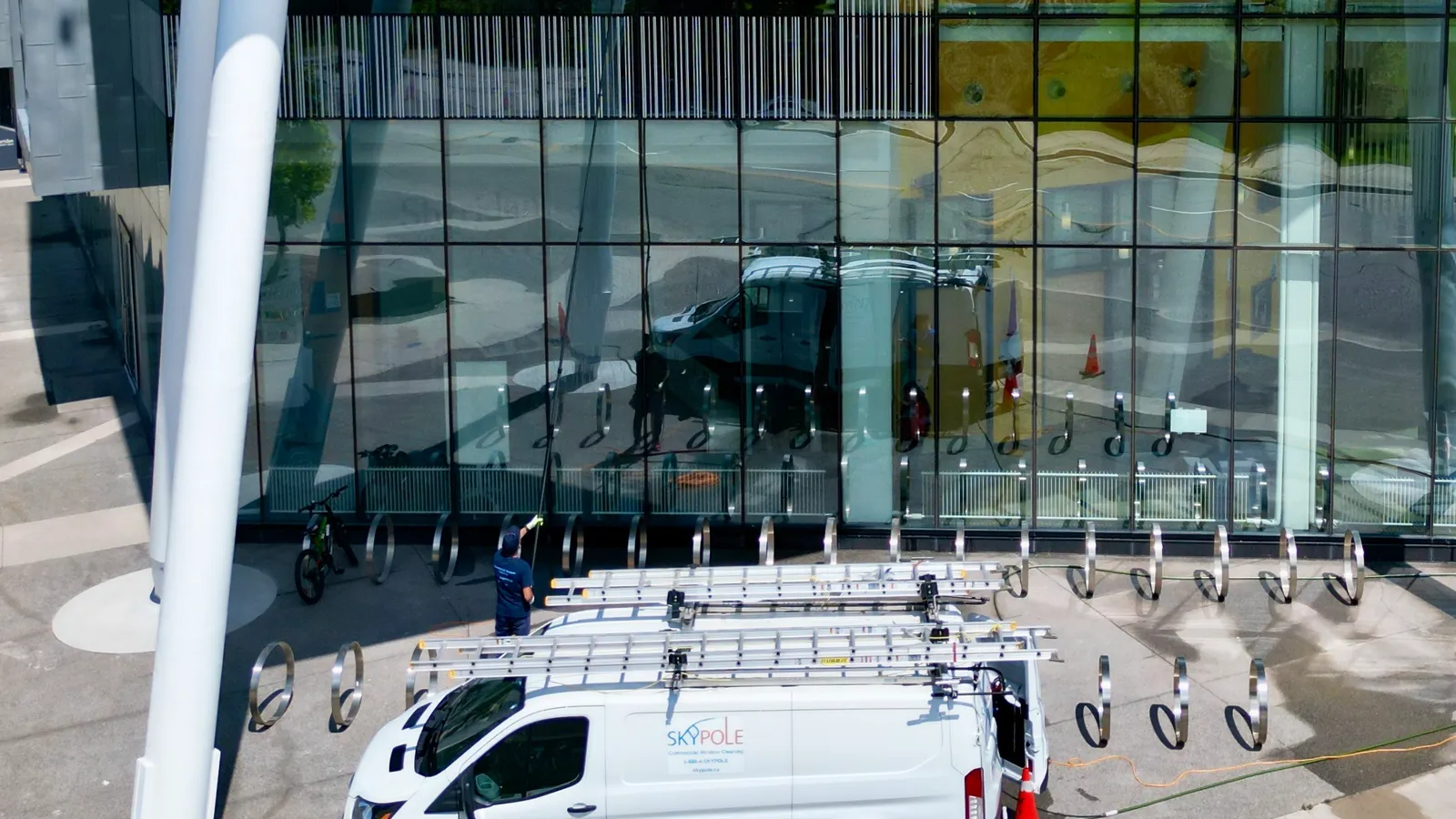 Skypole cleaning the windows of Sheridan College in Mississauga