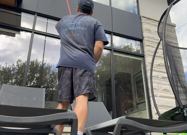 SKYPOLE technician cleaning upper-storey windows with a water-fed pole at a home in Islington–City Centre West, Etobicoke.
