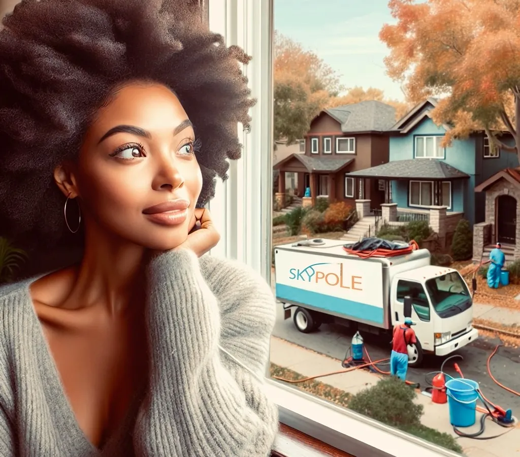 Woman gazing out window at suburban street with workers in Alderwood