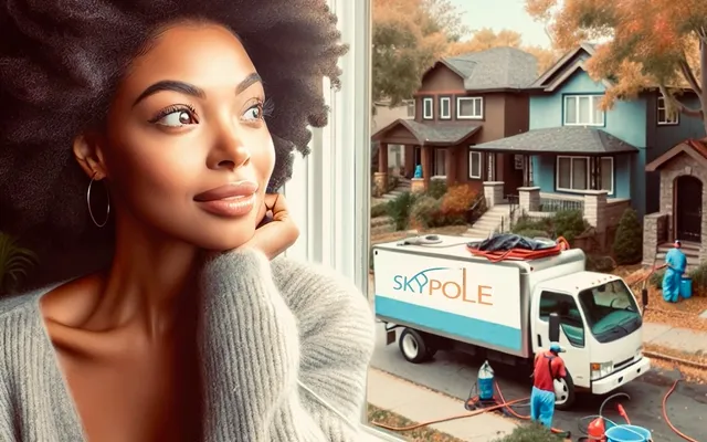 Woman gazing out window at suburban street with workers in Alderwood