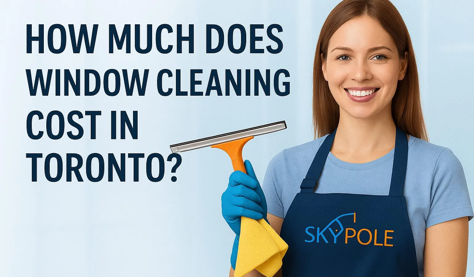 Smiling woman with squeegee promoting Toronto window cleaning