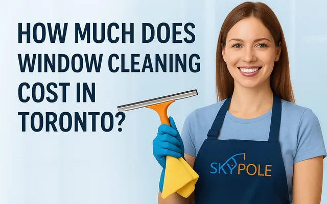 Smiling woman with squeegee promoting Toronto window cleaning