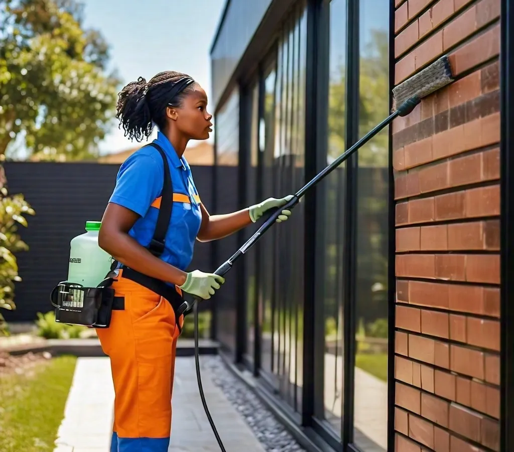 Worker cleaning siding of house with a water fed pole