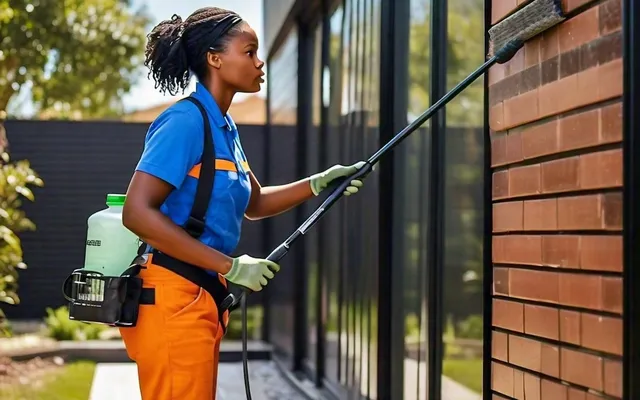 Worker cleaning siding of house with a water fed pole