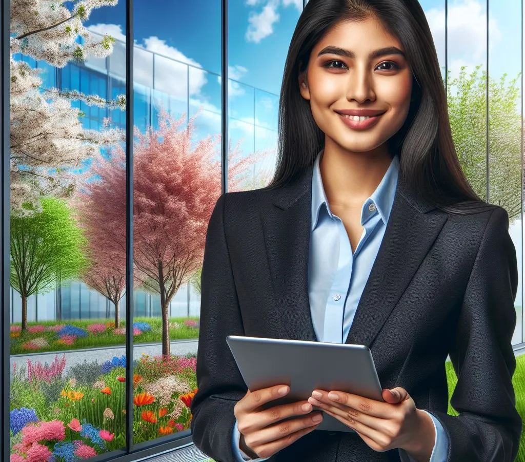 Businesswoman with tablet in front of colourful garden and clean windows