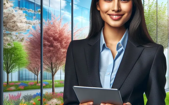 Businesswoman with tablet in front of colourful garden and clean windows