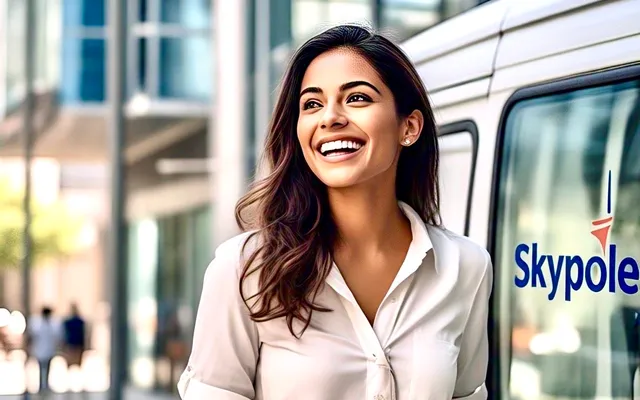 Smiling woman in business attire near city tram. Happy she picked Skypole
