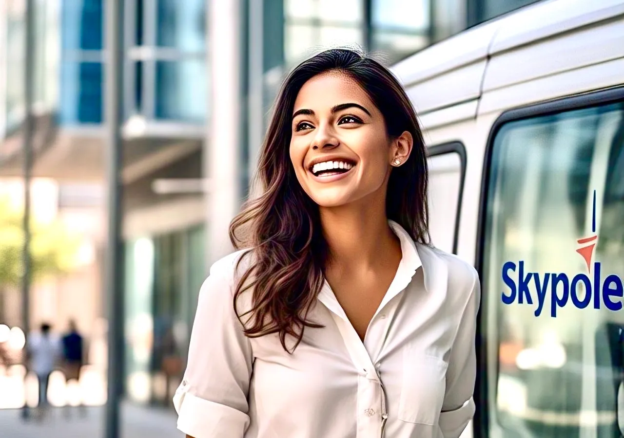 Smiling woman in business attire near city tram. Happy she picked Skypole