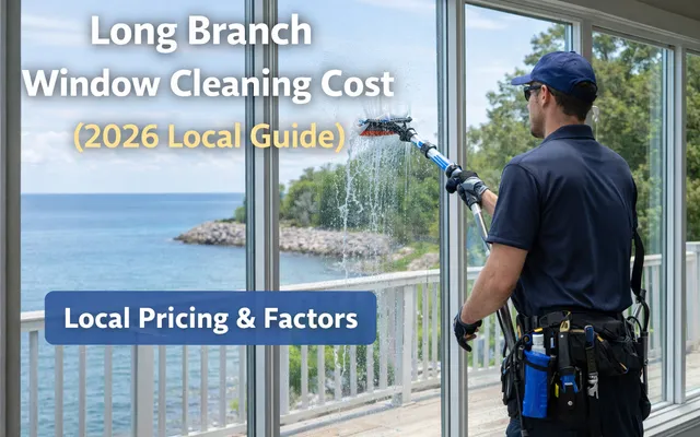 Long Branch Window Cleaning Price Guide with image of Skypole worker cleaning a window overlooking the Lake