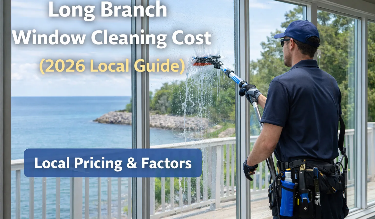 Long Branch Window Cleaning Price Guide with image of Skypole worker cleaning a window overlooking the Lake
