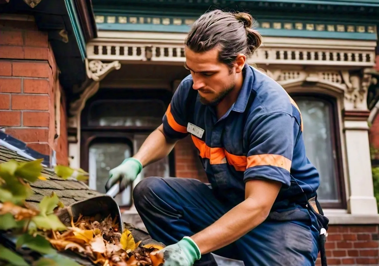 Worker cleaning leaves from gutter on house roof in Toronto