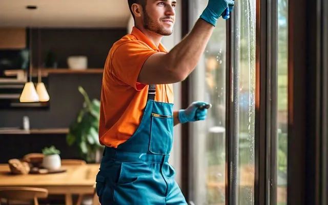 Man cleaning window indoors wearing orange shirt and blue overalls