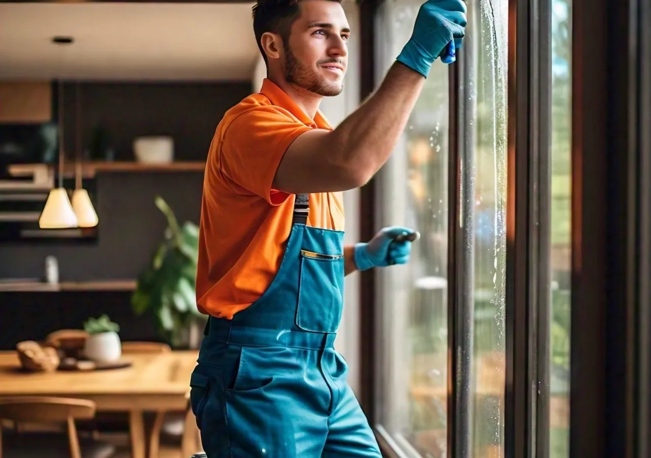 Man cleaning window indoors wearing orange shirt and blue overalls