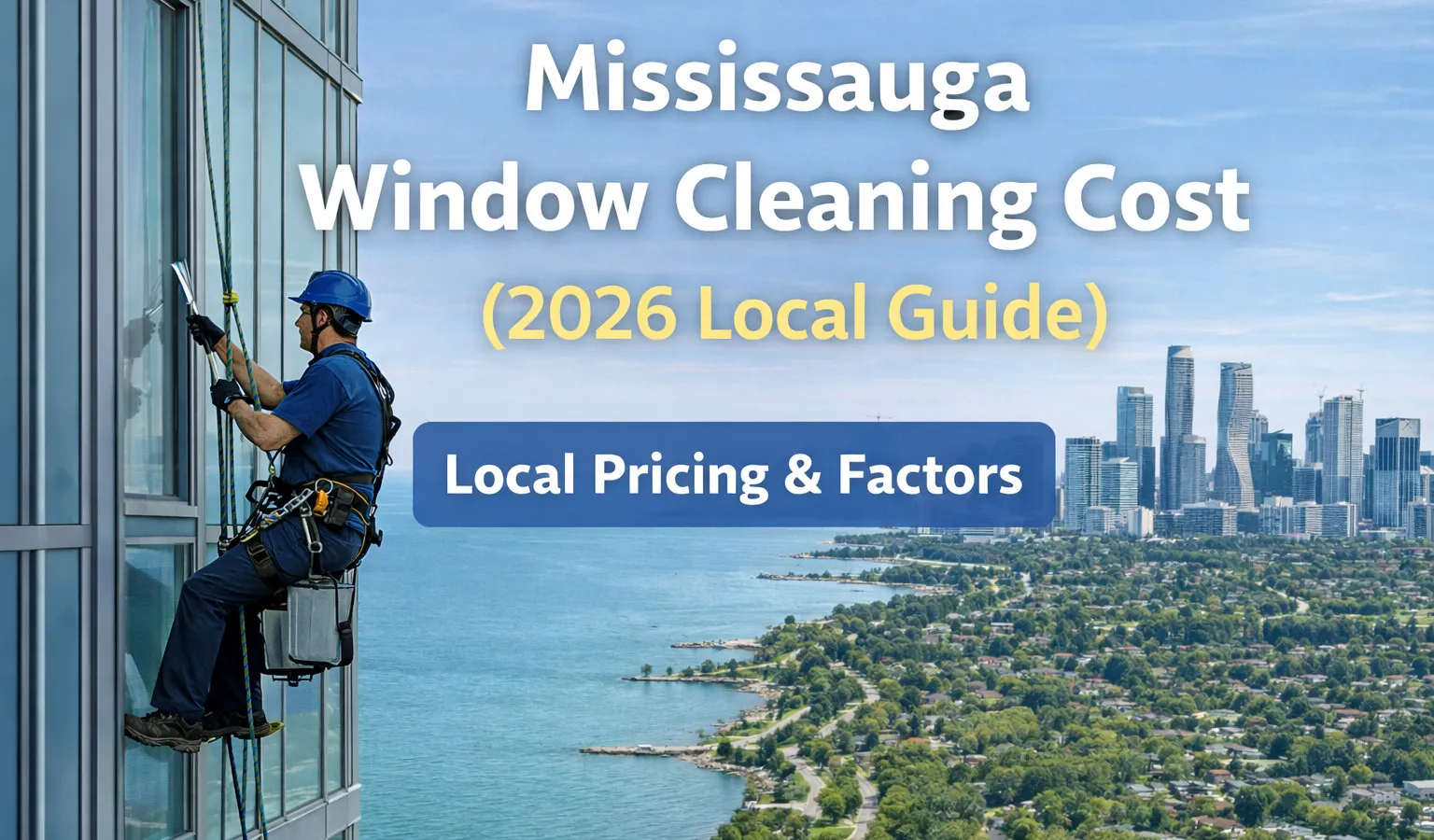 Picture of window cleaner on a high building looking at Mississauga and lake front