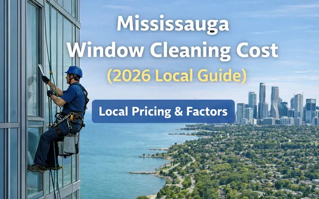 Picture of window cleaner on a high building looking at Mississauga and lake front