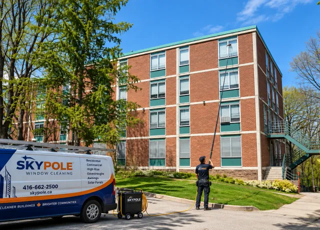 SKYPOLE exterior window cleaning at Moulton Hall, McMaster University in Hamilton, Ontario