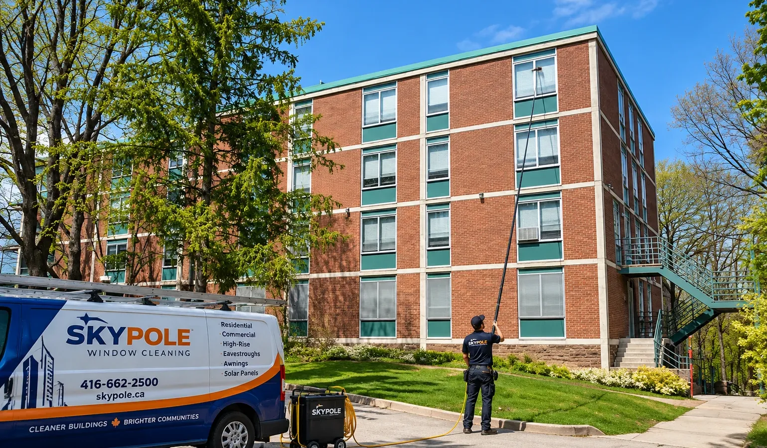 SKYPOLE exterior window cleaning at Moulton Hall, McMaster University in Hamilton, Ontario
