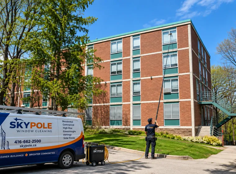 SKYPOLE exterior window cleaning at Moulton Hall, McMaster University in Hamilton, Ontario
