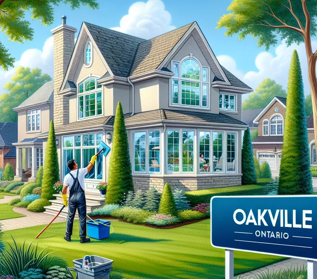Man cleaning windows of a house in Oakville, Ontario