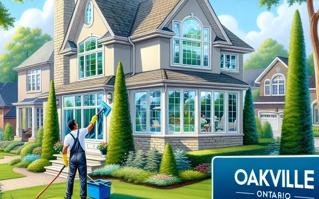 Man cleaning windows of a house in Oakville, Ontario