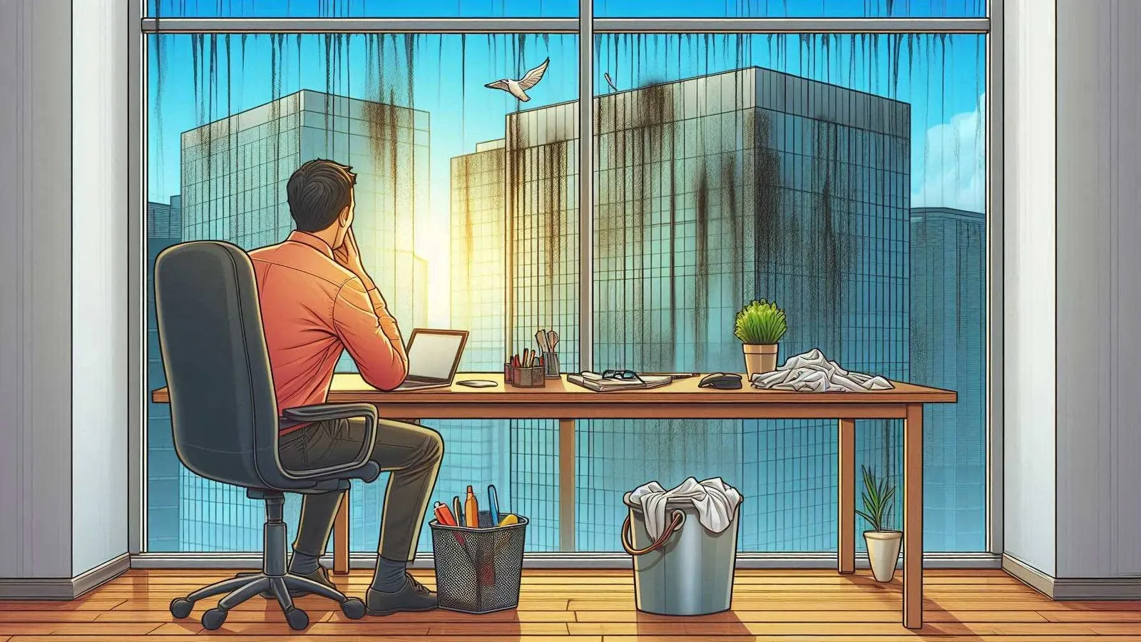 Man working in office with cityscape and flying bird and dirty windows